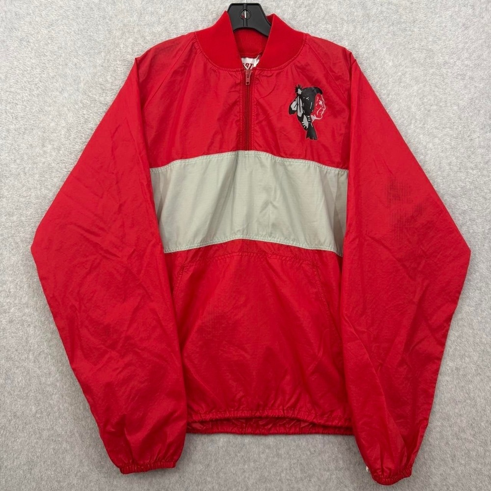 vintage windbreaker made in usa native american logo large red
